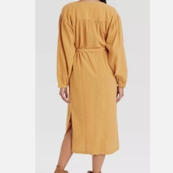 Universal Thread Mustard Gold Balloon Sleeve Gauze Dress Midi Tie Waist Henley - Picture 2 of 5